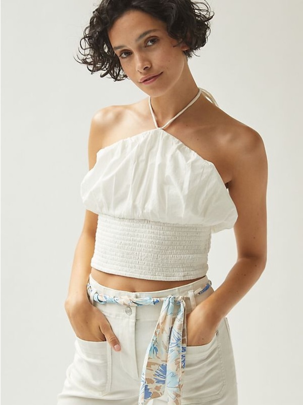 Maeve Anthropologie White Smocked Halter Tank Crop Top Coastal S